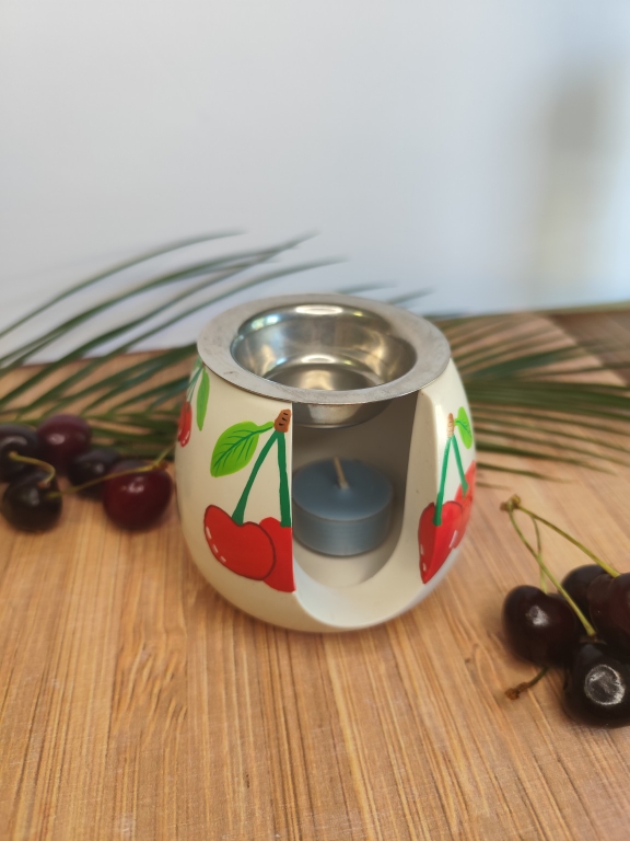 Brûleur cerise en jesmonite avec bougie chauffe-plat
