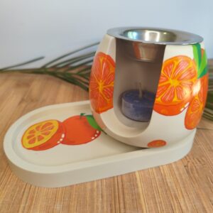 Ensemble brûleur et plateau en jesmonite décorés d'oranges peintes à la main