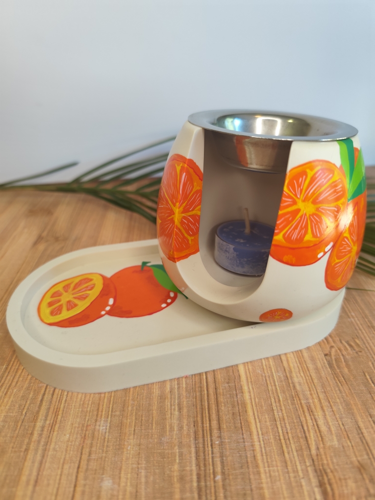 Ensemble brûleur et plateau en jesmonite décorés d'oranges peintes à la main